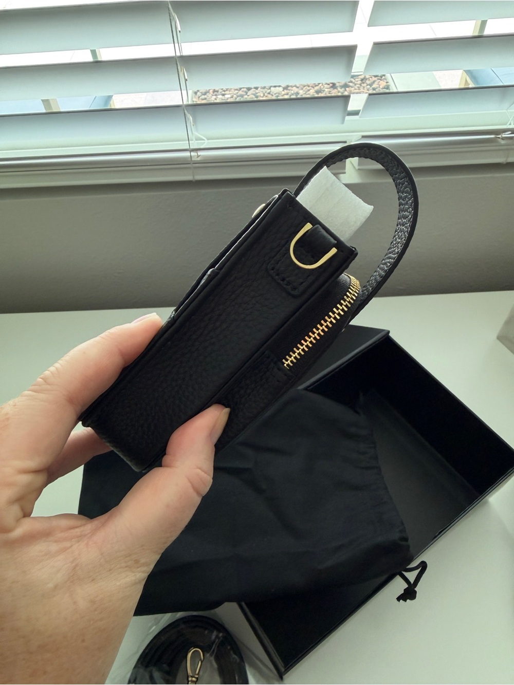 Bandolier Black Pebbled Leather Crossbody Phone Pouch with Gold Accents - Picture 4 of 9